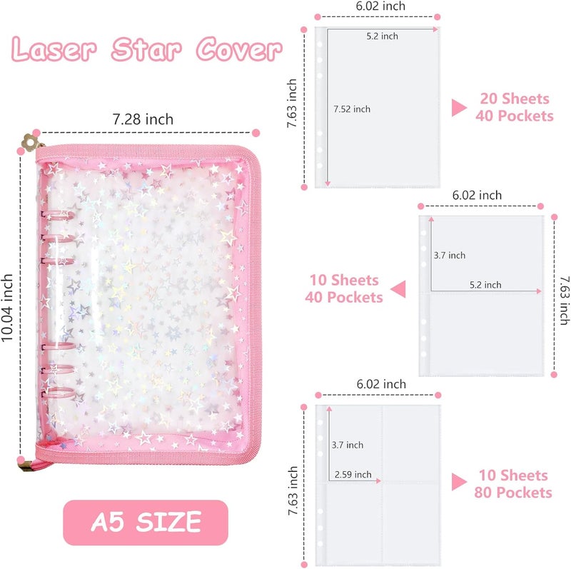 Ruatu Sticker Storage Organizer Binder A5 Sticker Collecting Book Reusable Zipper Album with Clear Laser Star Cover and Pocket Pages (Pink) - Image 5
